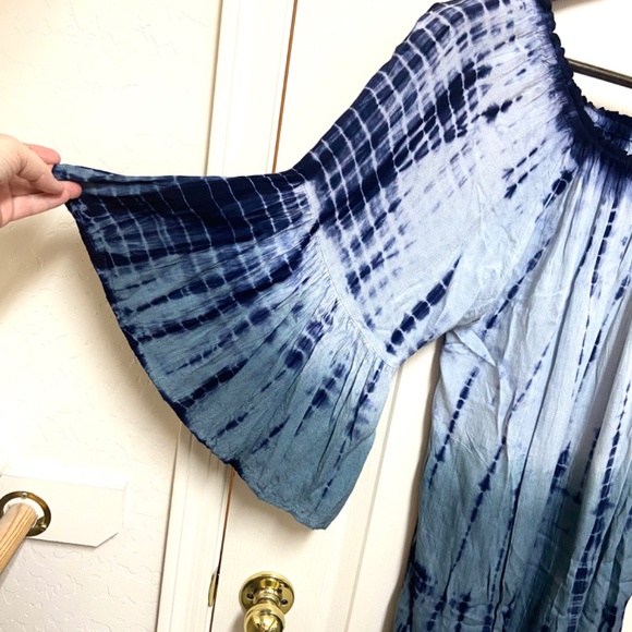 Boho Whimsigoth Shibori Tie-Dye Peasant Rayon Tunic Top L Flowy Bell Sleeve - Picture 7 of 12